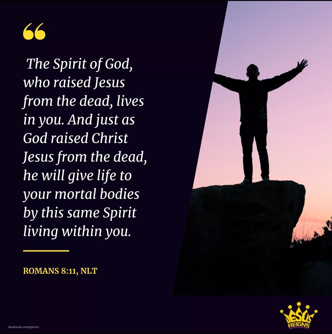 JesusReignsNCR's tweet photo. Hallelujah! Praise be the Spirit of God who raised Jesus from the dead, for the same Spirit will give life to our mortal bodies. 

#JESUSREIGNSineveryHOME
#JesusReigns
#HolySpirit https://t.co/M0ddJ3fLVe