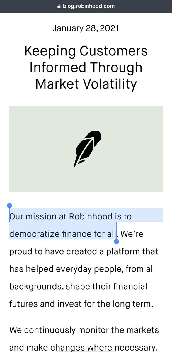 robinhood did this around the same time that they blocked users from buying any more shares of gamestop, AMC, blackberry, nokia, and others which were being discussed on r/WSB. pretty ironic, considering what they “stand for”