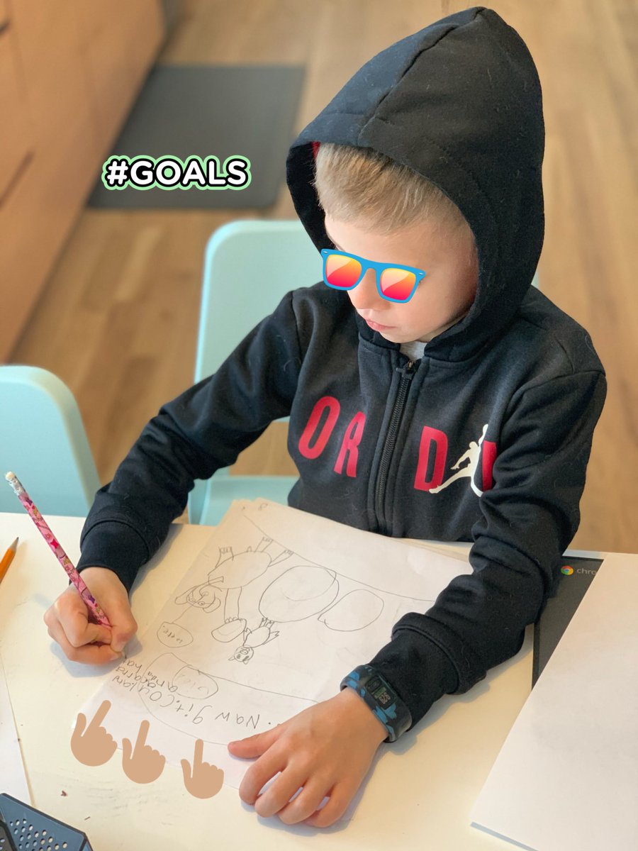 MsKGates's tweet photo. After Ss listened to an Elephant &amp; Piggy book, Ss were to think of their own adventure for E &amp; P to go on &amp; create a book. He already has T-E-N pages!! Y’all, he has speech bubbles &amp; everything! 🤩 #authors #Illustrators #CriticalThinking #imagination #love #firsties @CenterSD https://t.co/cH5rmr5M7r