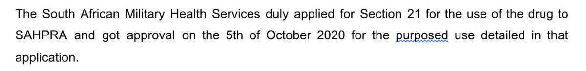 This paragraph admits that permission was not sought before importing the drug, and has very odd wording that raises further questions. What exactly was 'the purposed use detailed in that application', and why not spell it out? 11/