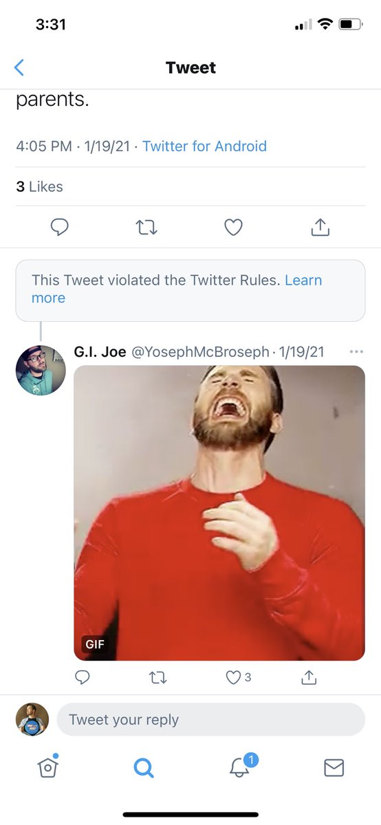 Here are screen shots from the conversation. You can see where my “offensive” tweet was removed. 3/14