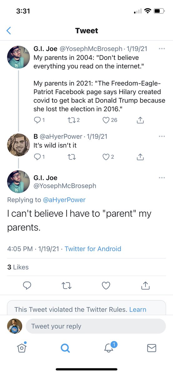 Here are screen shots from the conversation. You can see where my “offensive” tweet was removed. 3/14