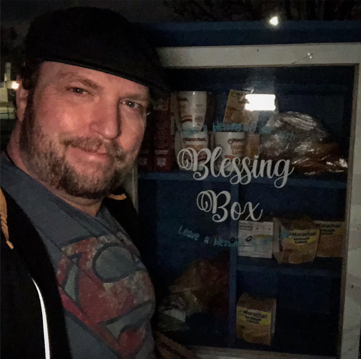 MidnightRyder's tweet photo. #selfie a day #28: It’s easy to miss ways to help out. #BlessingBoxes are all over. This one in #ict is at a church a block away - they stock it, but I also keep an eye on it, and fill it from time to time. Find a box nearby, and  #contribute. I spent $5 and spent about 5 minutes https://t.co/xHd7EIPgIu