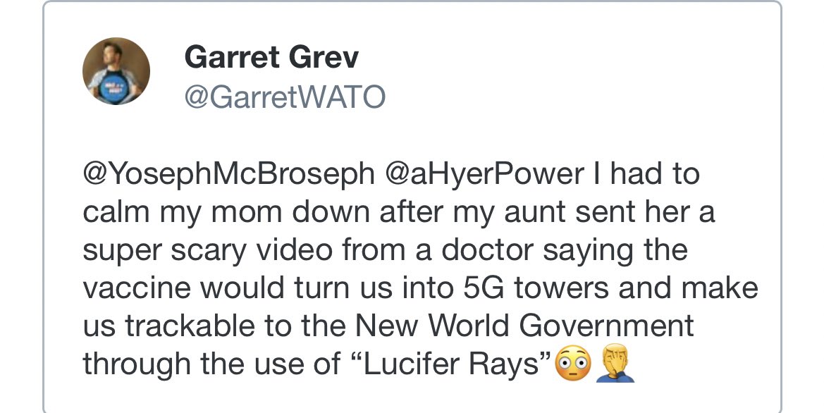 Here is a screenshot of the tweet itself. It’s a real story. I had to spend 45 mins on the phone w/ my mom easing her fears around a garbage nonsense conspiracy video about the Covid-19 vaccine that my aunt sent her. 4/14