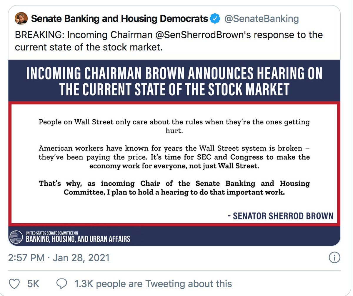 LaraLengel's tweet photo. BBC report of 30mins ago on #GameStopstocks cites Ohio Senator @SenSherrodBrown, incoming Banking Committee Chair, who will hold a hearing on state of the stock market.
"People on Wall Street only care about the rules when they're the ones getting hurt."
https://t.co/iCyEqP3akn https://t.co/ap86xjDPu7