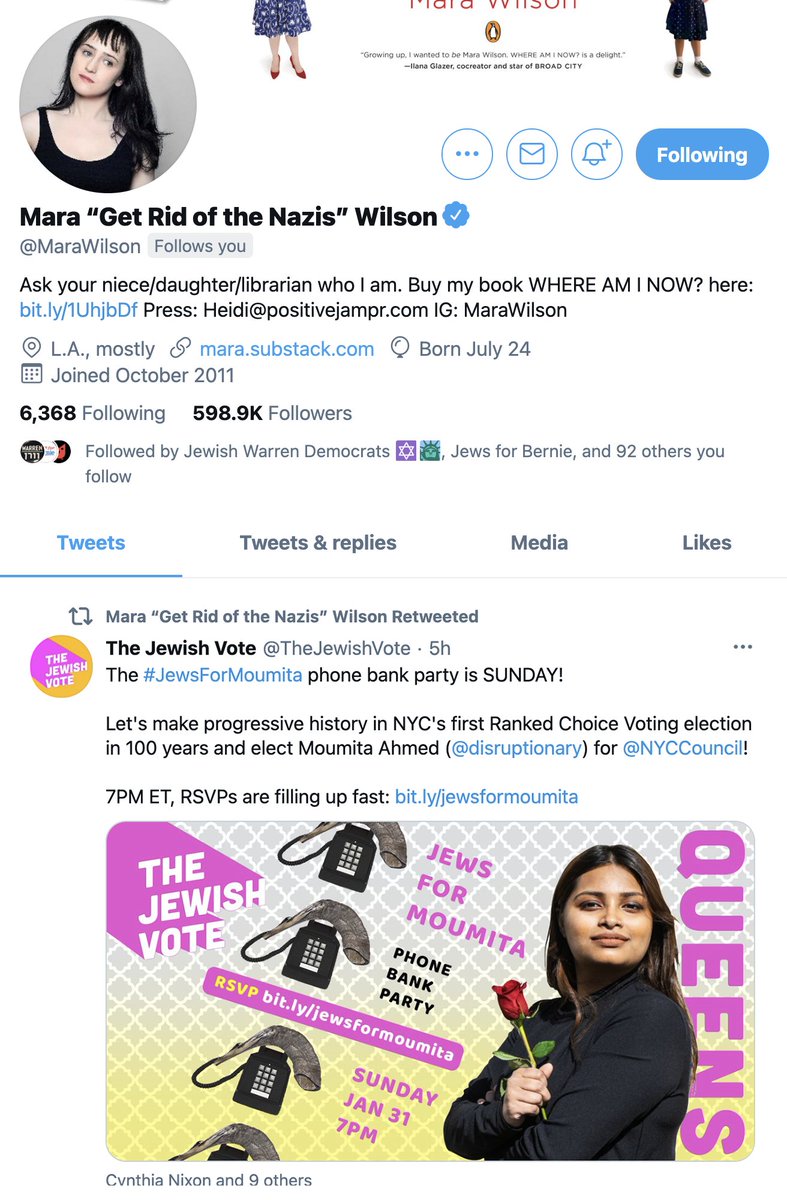 TheJewishVote's tweet photo. @DavidFBrand @SarahKSilverman @disruptionary Jewish celebs like @oldmanebro and @MaraWilson have also joined in promoting our phone bank. And @CynthiaNixon was an early endorser. #JewsForMoumita https://t.co/d7dTC0zTLU