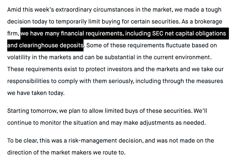 See statements below.Robinhood seems to have run low on credit due to this insane surge, and would have needed to go long on $X00M worth of GME. Way too risky given guaranteed eventual drop. So they shut it down.1)  https://www.bloomberg.com/news/articles/2021-01-28/robinhood-app-is-said-to-draw-on-credit-lines-from-banks-amid-trading-frenzy?srnd=premium2)  https://blog.robinhood.com/news/2021/1/28/an-update-on-market-volatility