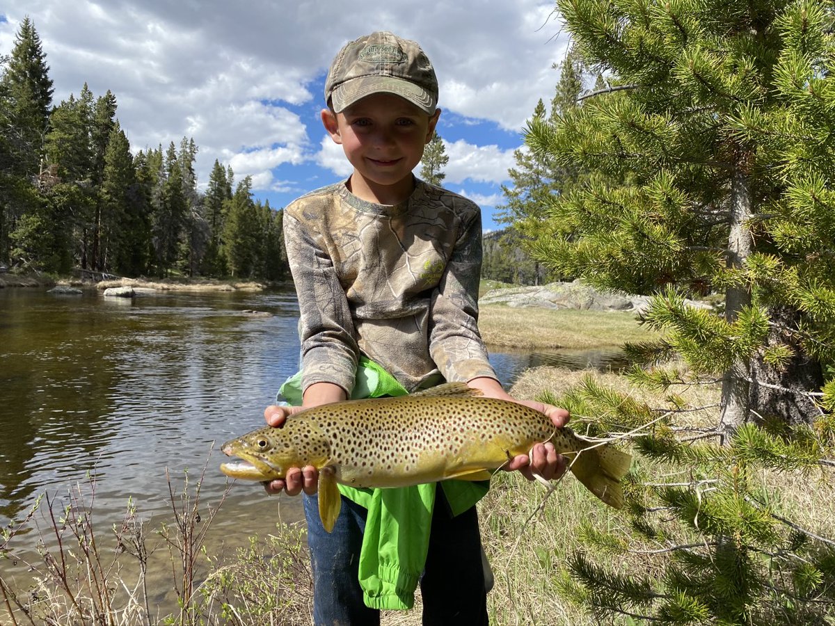 MeppsSpinners's tweet photo. Wyatt and his dad took a trip to Wyoming with some friends this past summer and I think it's fair to say he enjoyed his stay! A nice brook trout on a #0 Aglia & the biggest fish caught by anyone on the whole trip- a brown trout hooked with a #1 dressed Aglia. #MeppsCatches https://t.co/oMbSK4rD1J