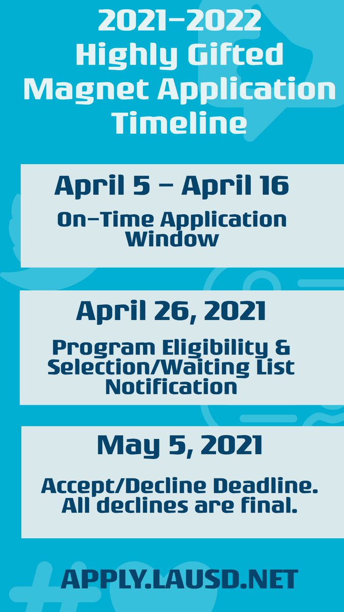 LAUSDMAGNETS's tweet photo. NEW! 2021-2022 Highly Gifted Magnet Application Timeline https://t.co/G2bZSShMbc