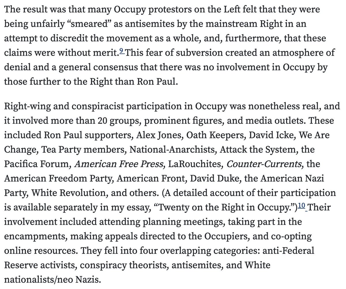 This is a great article about the Right during Occupy Wall Street (by  @transform6789) https://www.politicalresearch.org/2014/02/23/the-right-hand-of-occupy-wall-street-from-libertarians-to-nazis-the-fact-and-fiction-of-right-wing-involvementThe below excerpt is instructive: