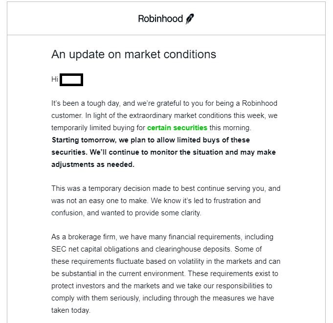 Accentuated_R's tweet photo. @WSBChairman
#Robinhood is openly stating that it will be preventing buys on "Certain Securities" until the Hedge funds can bail out of their shorts tomorrow!
I like the #stonks #NOK #BB #AMC #GME. Let's make it happen elsewhere and deal with #RobinUs in court https://t.co/U49WwW78nC