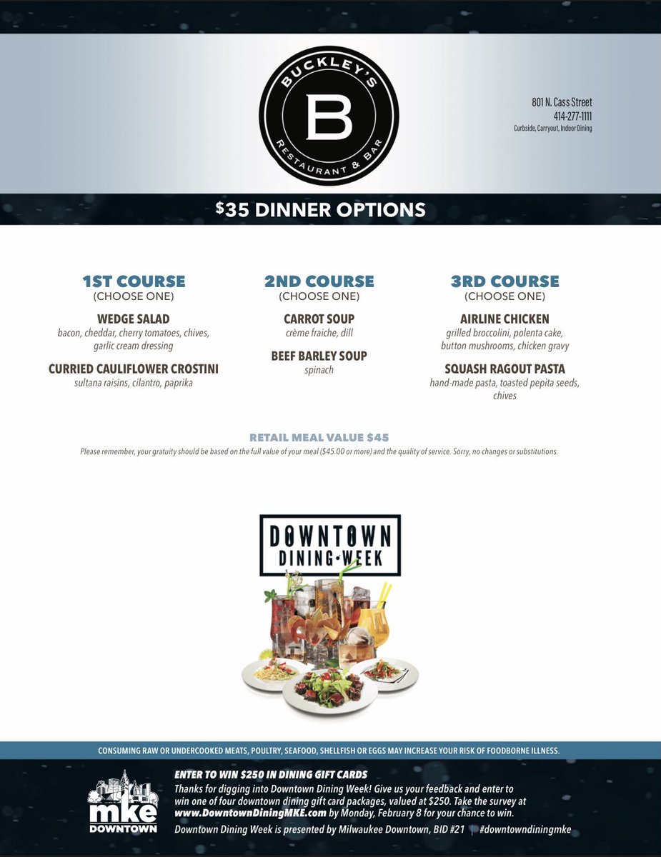 BuckleysMKE's tweet photo. Available 1/27-2/7 for dining in or Takeout! Order or make a reservation through our website (link in bio). No substitutions to DDW menu. Buckley’s full menu still available all week! 🥰🍷🍰 #buckleysmke #downtowndiningmke https://t.co/CYHDbOMGwT