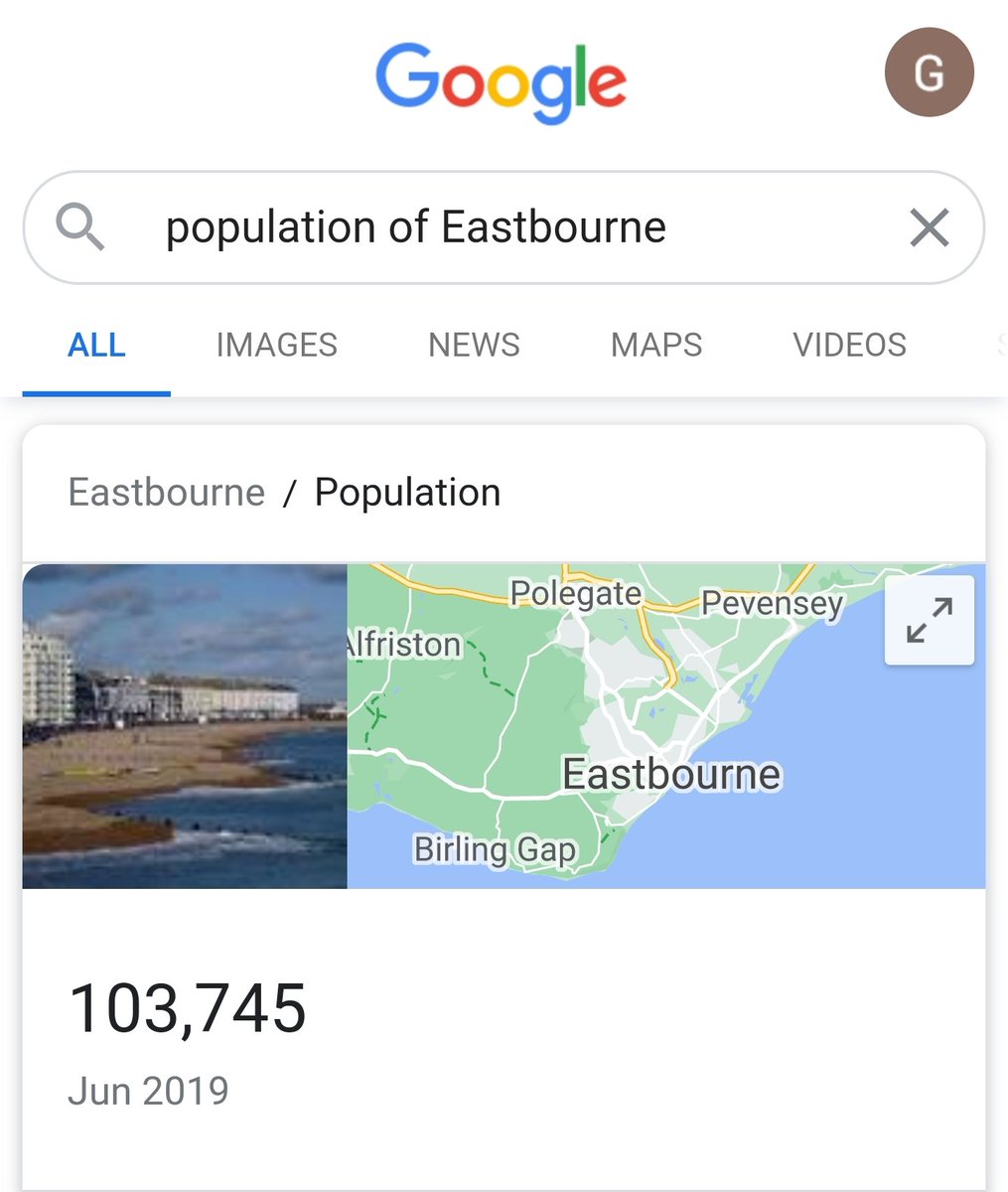 gbspacey's tweet photo. One screenshot = population of my home town #Eastbourne. The other is the number of #COVID deaths in the UK. Puts things into perspective :-( https://t.co/rRue8mz9kM