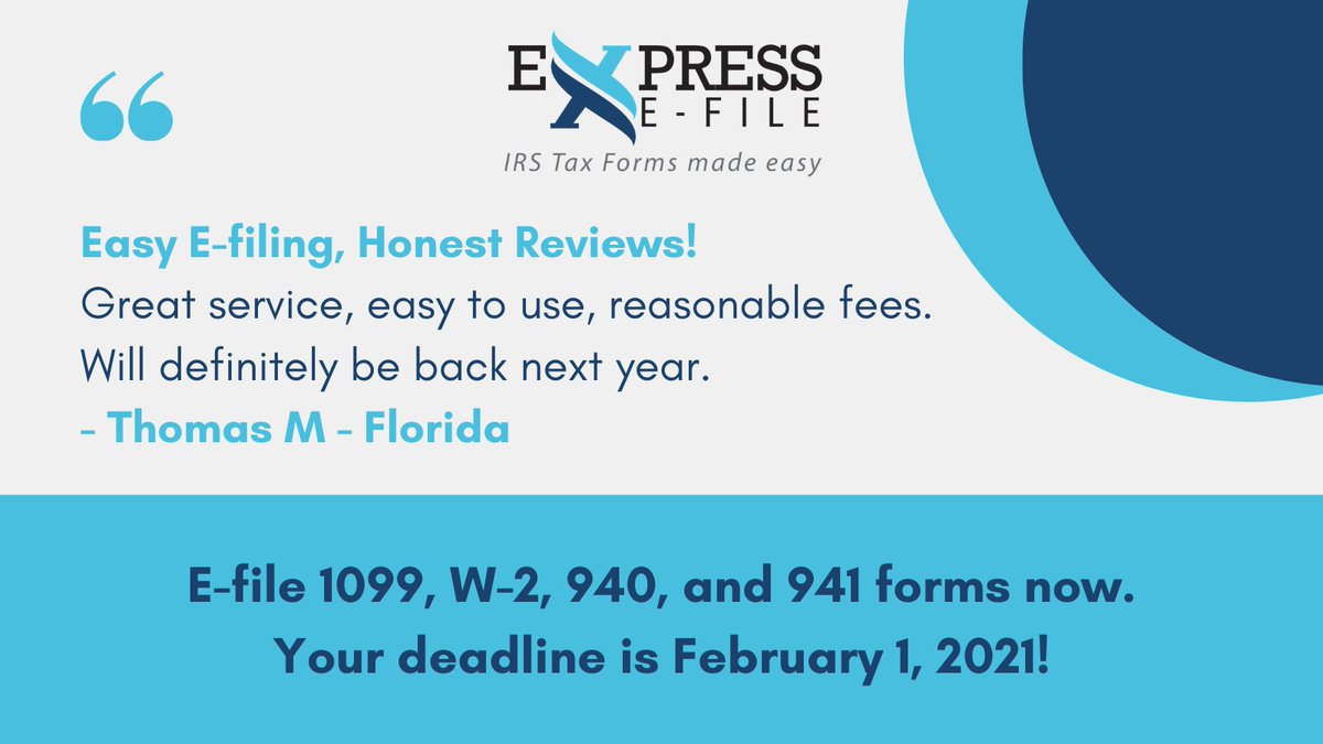 ExpressEFile's tweet photo. Looking for the best solution to meet your February 1, 2021 #IRS deadlines? Here's what ExpressEfile clients have to say.
See for yourself:
https://t.co/DFTBa3ps5Y
#W2 #1099s #ExpressEfileTestimonials #ExpressEfileReviews #smallbusinessowner https://t.co/hyMOwETkhb