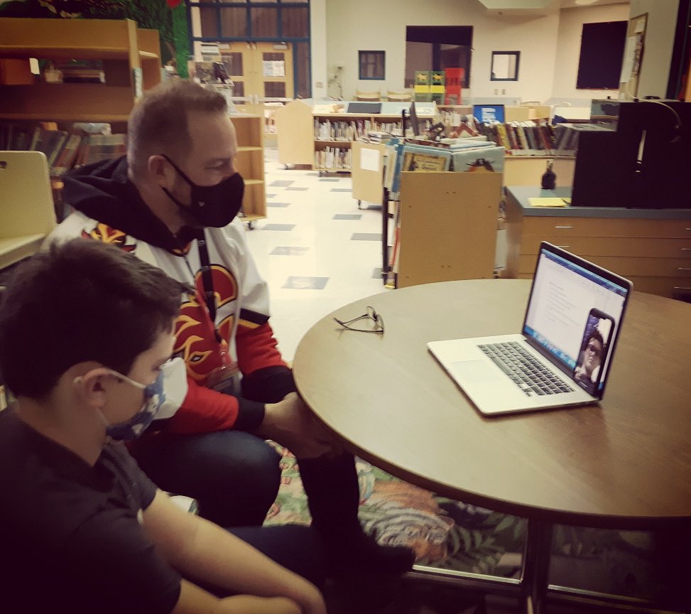 My Gr. 5 buddy and I were thrilled to be able to connect with <a href="/Ethanlaphillips/">Ethan Phillips</a> this morning via video chat. <a href="/TerrierHockey/">BU Men's Hockey</a>, you have a great young man in your program. We hope to chat again soon. Good luck Ethan, and go Terriers! #FCSinspired #WeAreCBE