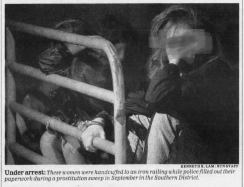 The combination of scorn and humiliation was not limited to the police, however. When police invited residents to watch the public arrests of sex workers (and at times, clients) they took part. (1)*Images blurred for privacy