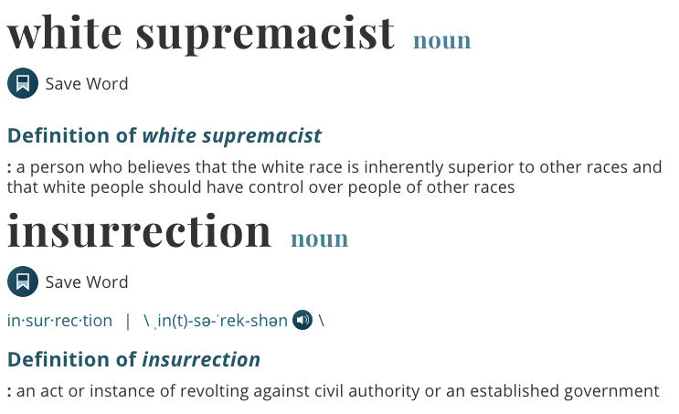 And I know you're saying: "To call the Civil War a white supremacist insurrection is a reach. Confederates weren't white supremacists! They just wanted the South to keep control of their slaves."Maybe you're right. Let's see what a dictionary says: