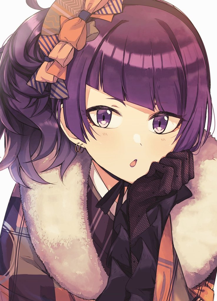 tanaka mamimi 1girl diagonal bangs purple hair solo purple eyes bangs gloves  illustration images