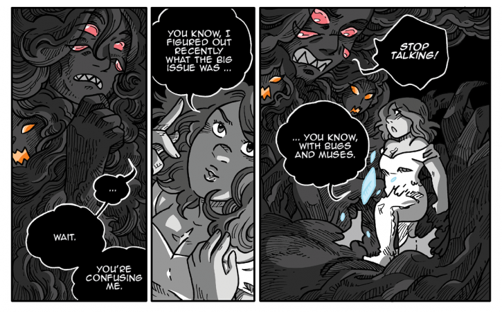 Confuse the monster. A bold strategy.
#namesakecomic #hiveworks
☆Comic ☆-- https://t.co/rJ0sFNn2GZ                                      
☆Patreon☆ -- https://t.co/lWLa2Pc34Q
☆Insta☆ -- https://t.co/lMz1PnoWii 