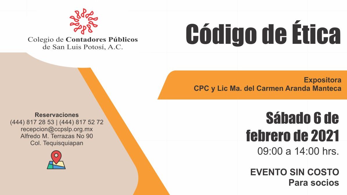 CCPSLP's tweet photo. 👉 Código de Ética
🌐 Evento en linea
📆 Sábado 6 de febrero a las 09:00 hrs.
🗣 ¡No te quedes fuera! https://t.co/a9CiPaI9y2