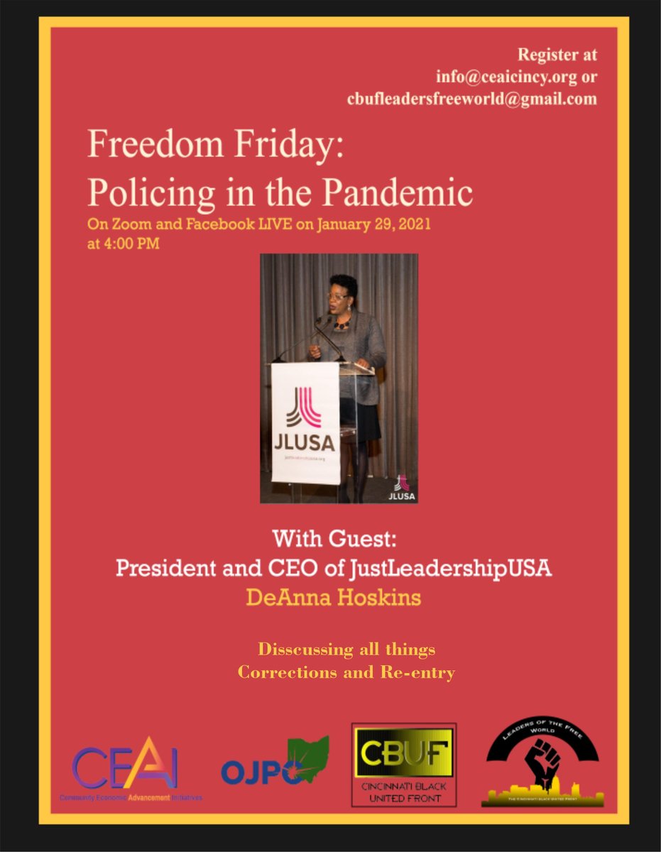 Join JLUSA President & CEO DeAnna Hoskins for a discussion on policing and the pandemic tomorrow at 4PM EST. Email info@ceaicincy.org or cbufleadersfreeworld@gmail.com to register or watch the discussion live at facebook.com/CEAICincy.