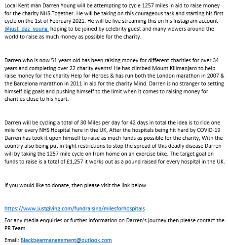 The Cycling Challenge for the <a href="/NHSCharities/">NHS Charities Together 💙</a> has been set, Press Release sent, but I still need your help!

<a href="/amandaakass/">Amanda Akass</a> <a href="/bbcsoutheast/">BBC South East</a> <a href="/KMTV_Kent/">KMTV</a> <a href="/BBCBreakfast/">BBC Breakfast</a> <a href="/BBCSport/">BBC Sport</a> <a href="/MichaelBridge_/">Michael Bridge</a> 

<a href="/MarkCavendish/">Mark Cavendish</a> <a href="/SirWiggo/">Brad Wiggins</a> can you join me on a slow session on Instagram Live? Just_Daz_Young