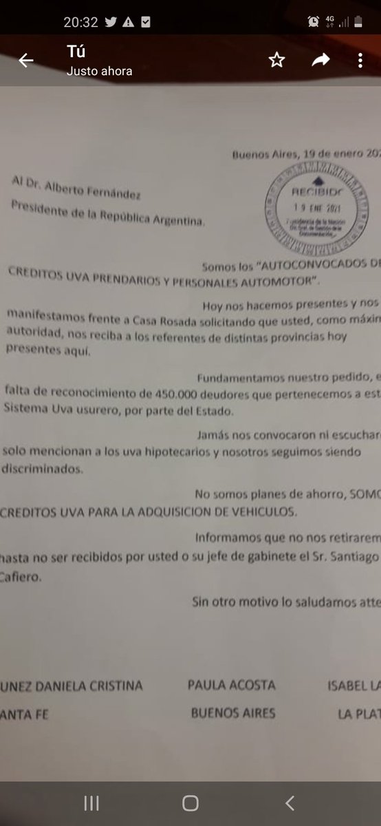 <a href="/alferdez/">Alberto Fernández</a> SR PRESIDENTE DE TODOS LOS ARGENTINOS. LOS DAMNIFICADOS CREDITOS UVA PRENDARIOS Y PERSONALES EL DIA 19 ENERO PRESENTAMOS PETITORIO DE AUDIENCIA. TENEMOS NUMERO EXPEDIENTE. ESPERAMOS FECHA Y HORA DE PARTE UD. 450.000 FLIAS Q NUNCA FUIMOS ESCUCHADAS. #AUDIENCIAYA ES URGENTE.