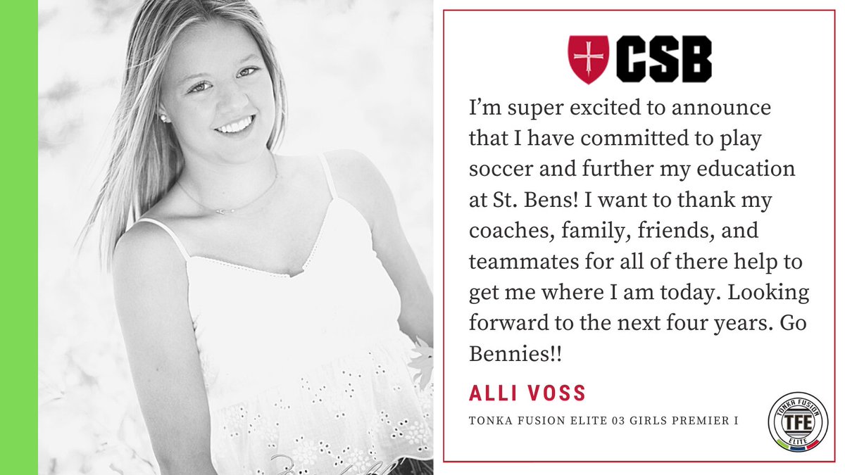 COMMITTED!  COMMITTED!

Congrats to <a href="/03Tfe/">Tonka Fusion Elite 03 Girls</a>'s <a href="/alli_voss/">Alli Voss</a> on her decision to continue her soccer and education at <a href="/CSBsoccer/">St. Benedict Soccer</a>!  St Ben's, you're getting a speedy, aggressive, tireless player ready to outwork her opponents.  Way to go Alli! <a href="/TonkaFusionMN/">Tonka Fusion Elite | #65Strong</a>