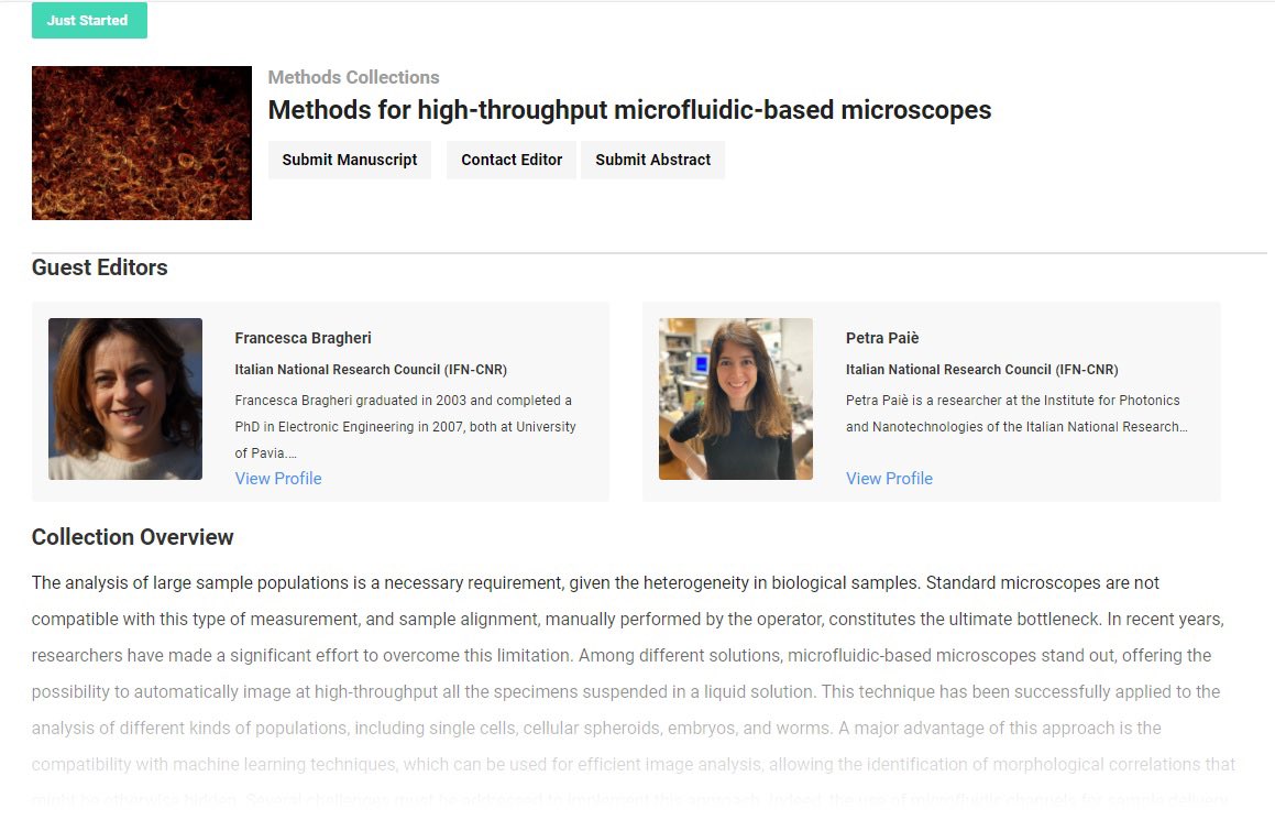 PetraPaie's tweet photo. Very happy to present a new Methods Collection on @JoVEJournal that I together with Dr Francesca @bragheri are guest editing. The collection entitled ‘Methods for high-throughput microfluidic-based microscopes’ is now accepting abstracts!!! https://t.co/6BVqZwETiO https://t.co/wKS3L3IyCe