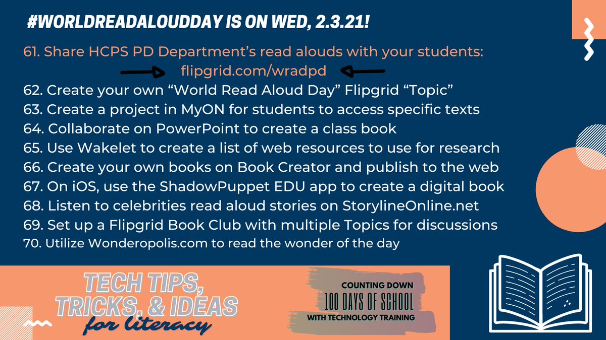 HCPSTechTrain's tweet image. 📢 Day 7️⃣ of our &quot;💯Tech Tips, Tricks &amp;amp; Ideas&quot; is here! Wednesday is #WorldReadAloudDay and today&apos;s focus is all about literacy!

Check out @HCPSPD&apos;s @Flipgrid Read Alouds at ➡ flipgrid.com/wradpd!📚  

@CMH4EDU @JennaDawson28 @HollandEdTech @Plugin2Learn @jamjackson08