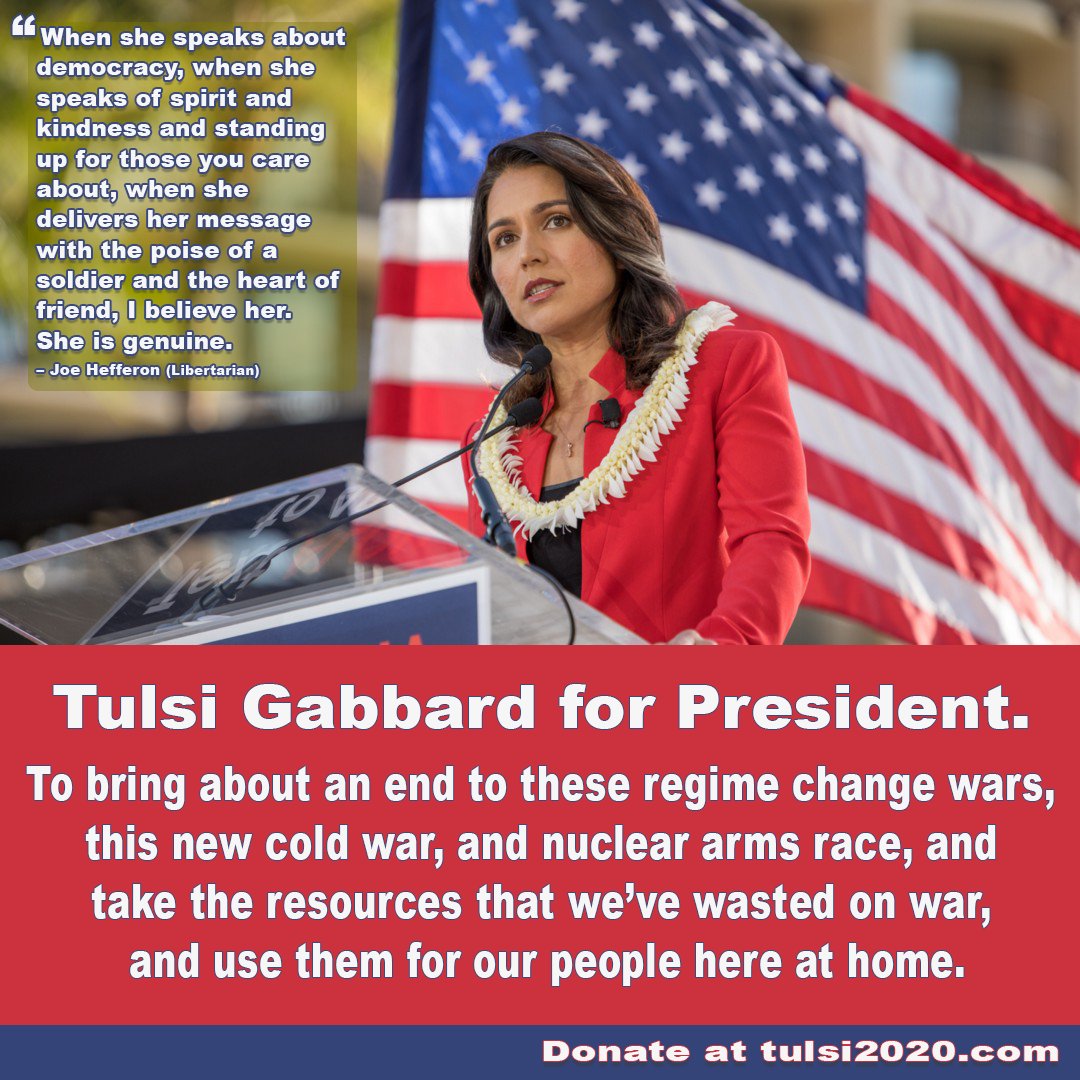 808constituent's tweet photo. @masonscottswann @AlexKnight_1991 Tulsi: was a 100% #PACFree candidate, free to speak her mind...from calling out Pharma to Monsanto to the DNC, she fights for the people. 
Her message doesn’t change depending on the audience, speaking out for peace to anyone.🕊️ https://t.co/BMkggAHqfR