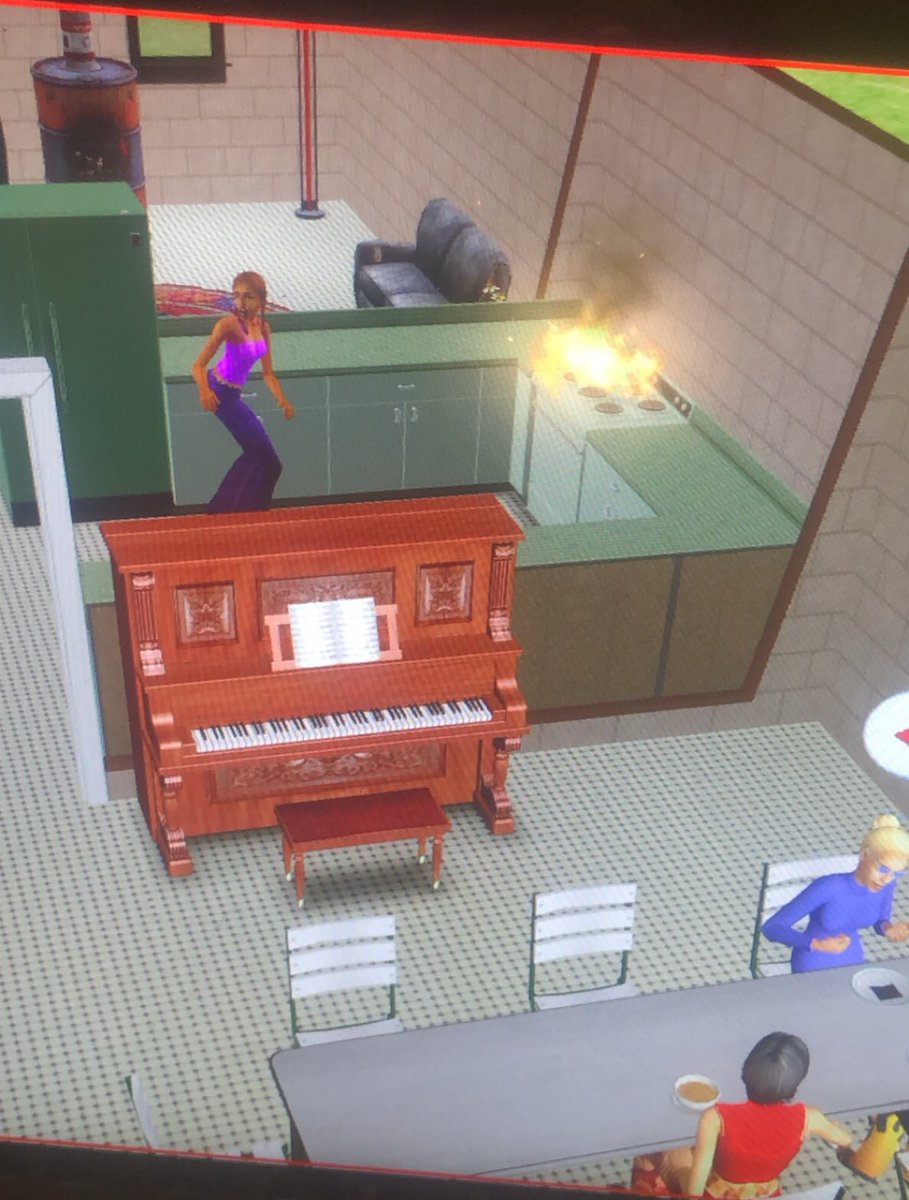 Purple has started a fire, light blue and green are fighting