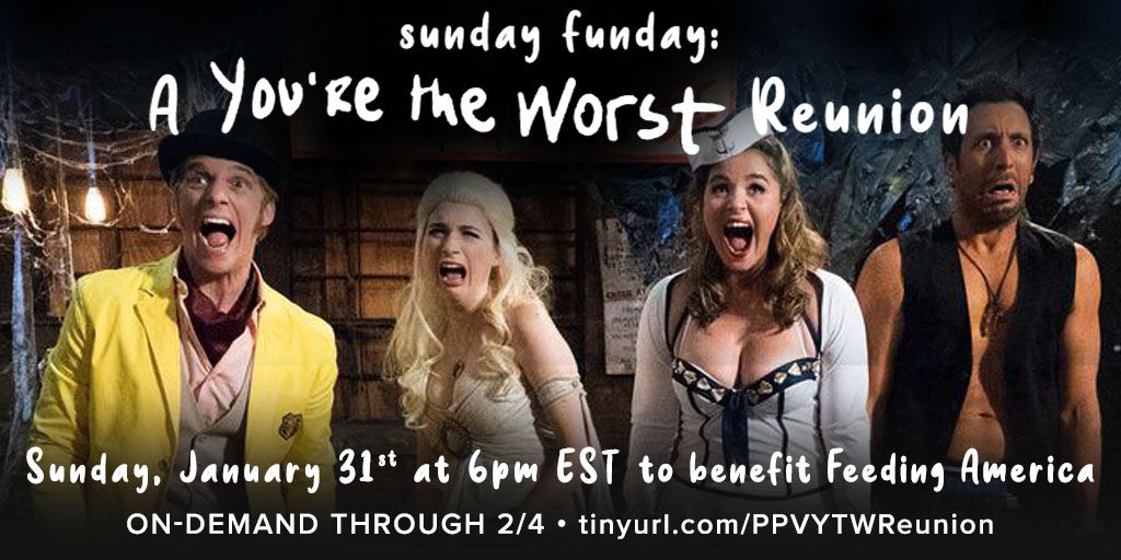 You're The Worst (@ytwfxx) on Twitter photo You're invited to a Sunday Funday for the ages. Join <a href="/stephenfalk/">Stephen Falk</a>, Aya Cash, <a href="/cwgeere/">Chris Geere</a> & more for a live-streamed #YoureTheWorst reunion benefiting <a href="/FeedingAmerica/">Feeding America</a> and hosted by <a href="/Play_PerView/">Play-PerView</a> THIS SUNDAY at 6pm EST. (Bring your own trash juice.) Tickets: tinyurl.com/PPVYTWReunion You're invited to a Sunday Funday for the ages. Join <a href="/stephenfalk/">Stephen Falk</a>, Aya Cash, <a href="/cwgeere/">Chris Geere</a> & more for a live-streamed #YoureTheWorst reunion benefiting <a href="/FeedingAmerica/">Feeding America</a> and hosted by <a href="/Play_PerView/">Play-PerView</a> THIS SUNDAY at 6pm EST. (Bring your own trash juice.) Tickets: tinyurl.com/PPVYTWReunion