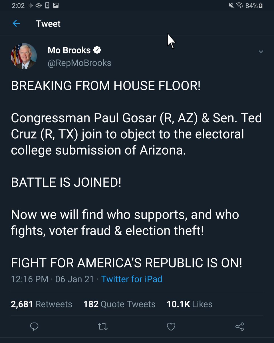 Rep. Mo Brooks' tweets during the  #insurrection  #CapitolRiotsThey were told to NOT post to social media. They were also told to NOT give out any locations. (Not even to family) (1/4)