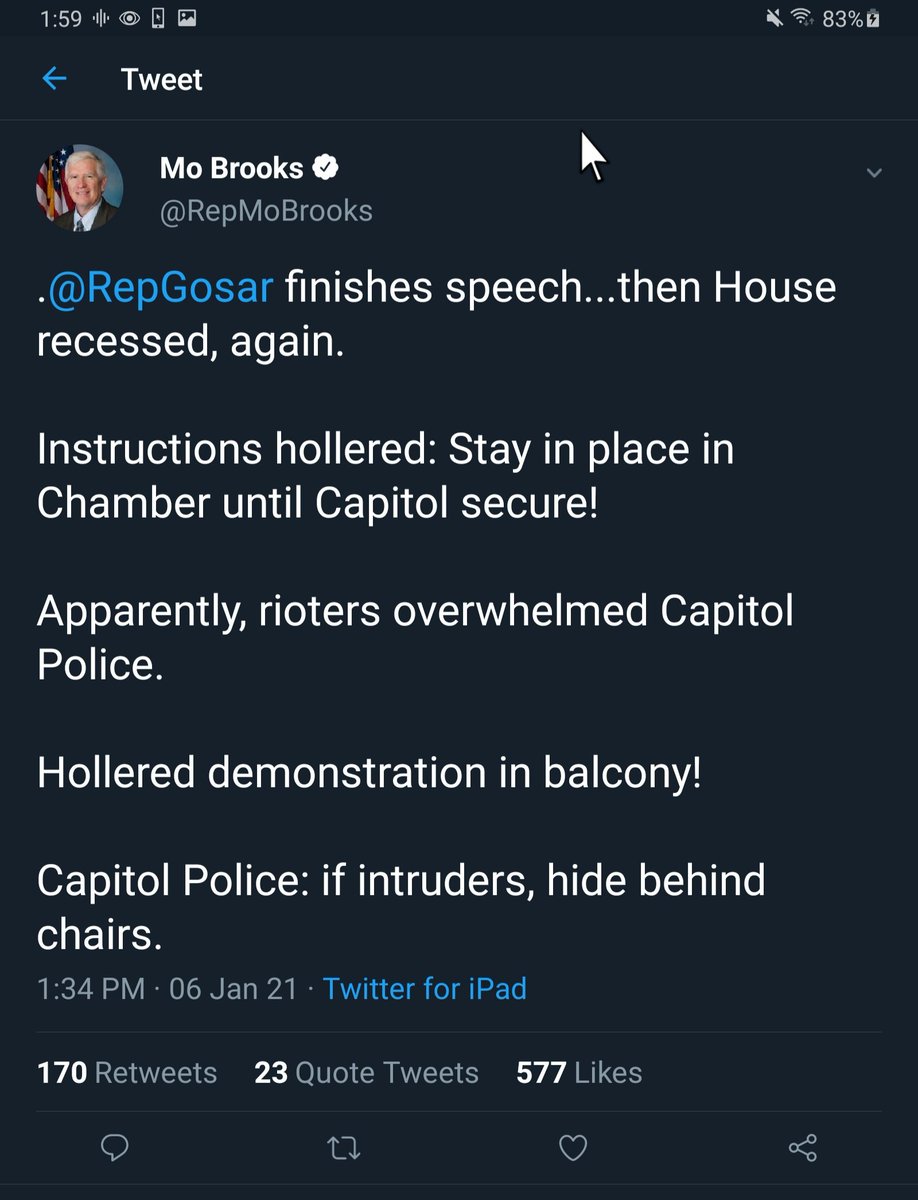 Rep. Mo Brooks' tweets during the  #insurrection  #CapitolRiotsThey were told to NOT post to social media. They were also told to NOT give out any locations. (Not even to family) (1/4)