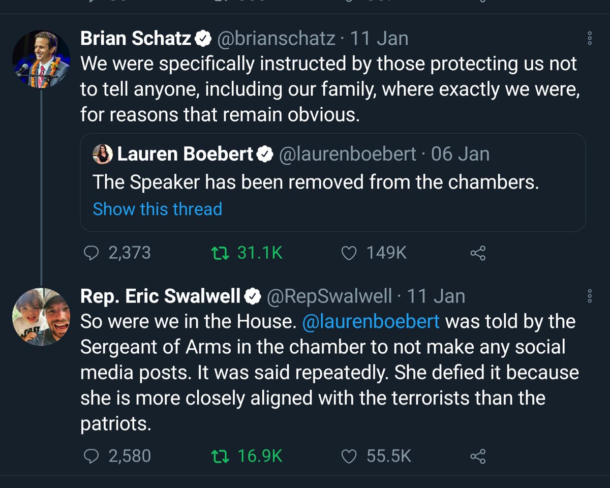 U.S. Senator Brian Schatz and Rep. Eric Swalwell referring to Boebert's tweet. (3/4)