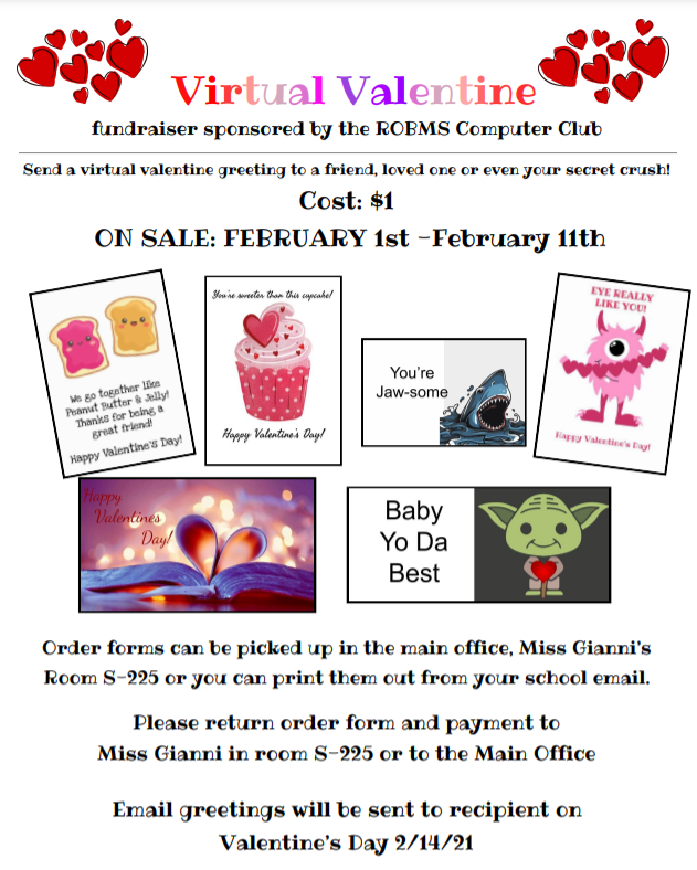 Bulldogs- Check your email for order forms - or you can grab one from outside my room S225 or from the main office! Orders are due by Feb 11!