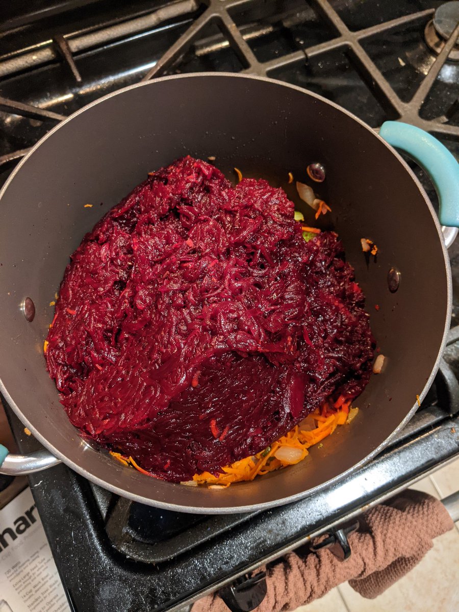 When the vegetables are fragrant add in the beets, mix thoroughly, lower the heat and let it cook. I probably prepared too many beets.