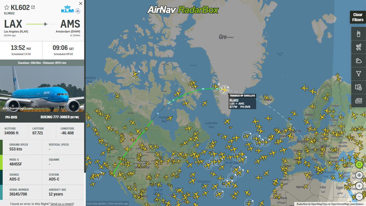AirNavRadar's tweet photo. KLM flight KL602 from Los Angeles to Amsterdam tracked by our satellite-based ADS-B over Greenland.

#KLM #KL602 #Boeing777 #Amsterdam #LAX #AMS #Europe #NorthAmerica #Greeland #LosAngeles  #airtraffic https://t.co/5dufs9qiuJ