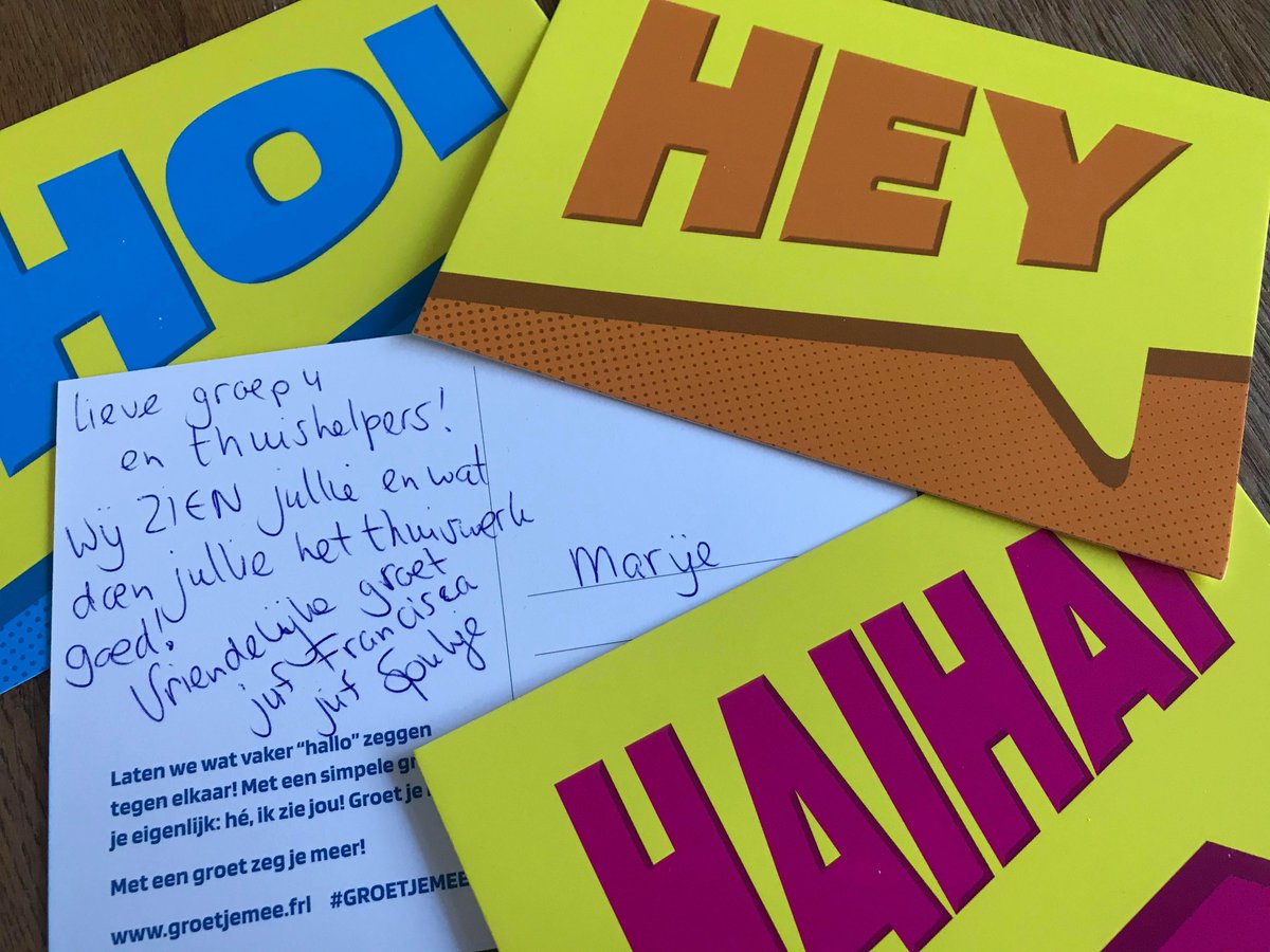 Wat een mooi gebaar! Juf Sjoukje en Fransica van Basisschool De Regenboog hebben de kinderen en hun ouders van groep 4 verrast met de leuke kaartjes van #groetjemee ❤

Lieve groep 4 en thuiswerkers, 
We zien jullie en wat doen jullie het thuiswerk goed.