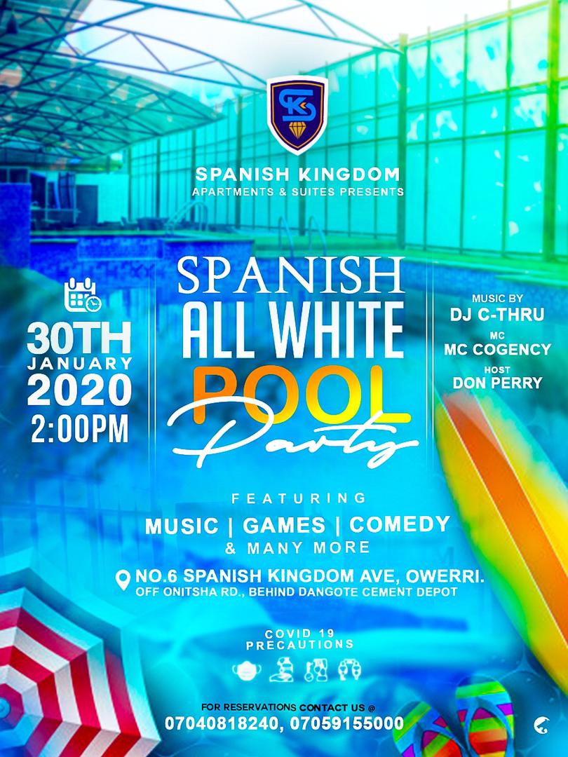 Spanish ALL WHITE POOL PARTY 💥🔥
Saturday 30th January, 2021...
No face mask No entry..
#black #Clubhouse #silhouettechallange #Messi #bbcqt #thursdaymorning #TheBachelor #PoolParty #NengiXGuinness #Ozone #Laycon #dogecoin #DorathyBachor #NNPC