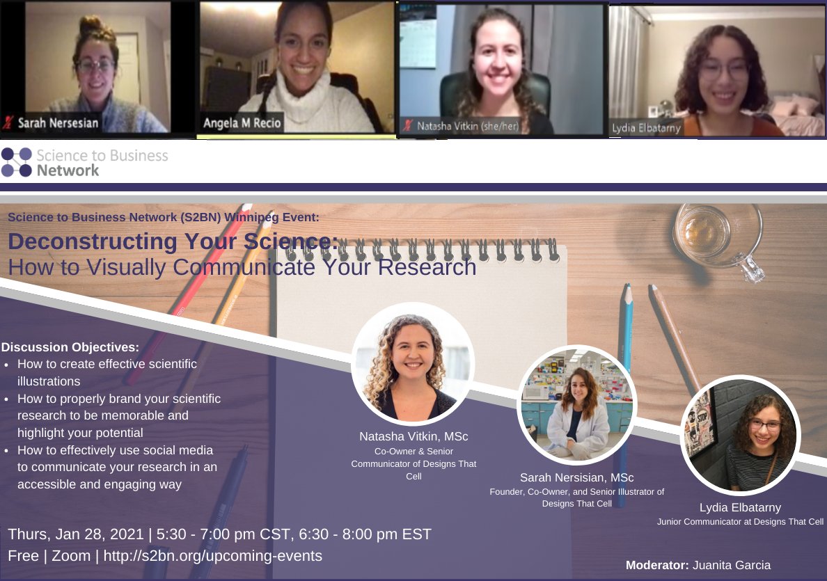 S2BNetwork's tweet photo. Thank you @designsthatcell for this wonderful and informative Zoom event! Cannot wait to see how our attendees will use all the tips from tonight! #S2BN @S2BNWinnipeg #ScientificCommunication #BridgeTheGap https://t.co/peGAuJOOTN