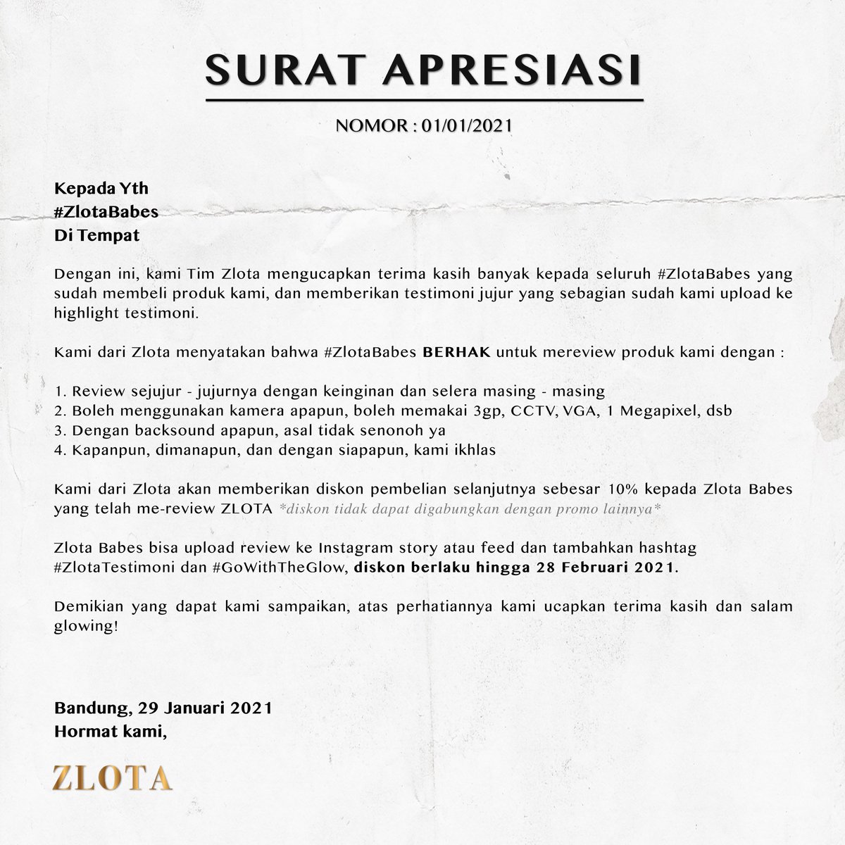 Surat apresiasi DISKON 10% buat Zlota Babes ❤️
-
Berlaku hingga 28 februari 2021 yuk!