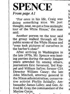 Now, there are several other important items in this article1) Former CIA director William Casey is in Spence's orbit.2) Spence threw a birthday party for Donald Trump's mentor, Roy Cohn (birthday parties were a very big deal to Cohn), which William Casey attended