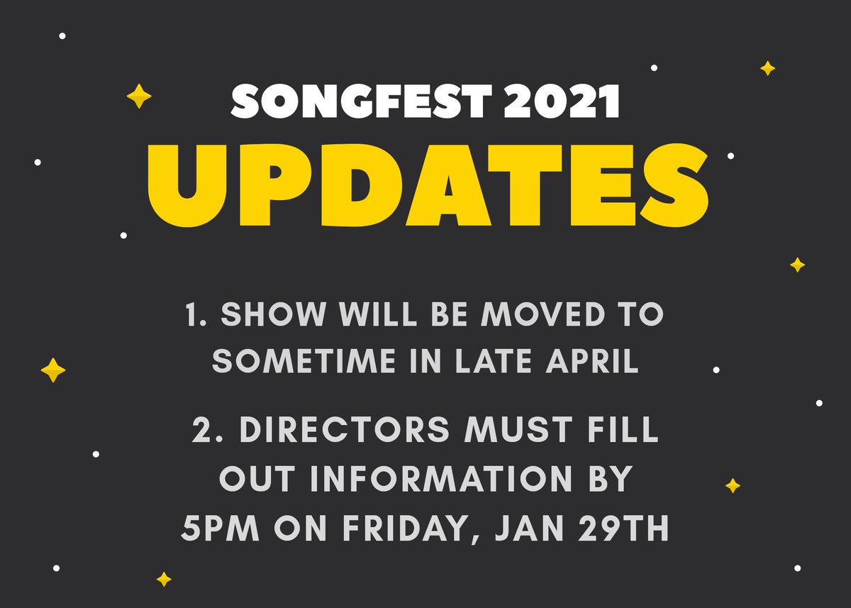 Songfest's Back, Alright! and we appreciate your patience with updates! That being said here are some updates:

Link below for directors (tag them!)

docs.google.com/forms/d/e/1FAI…