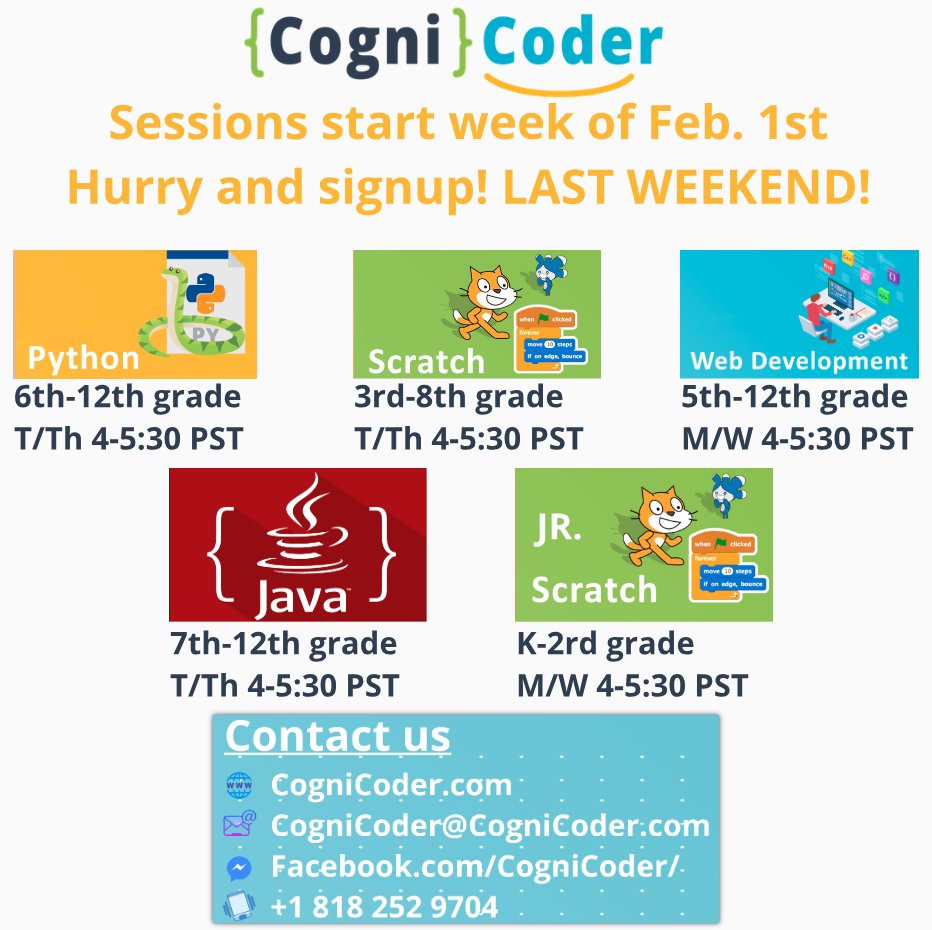 Vaahaagn's tweet photo. Last chance! Sign your kids up for amazing #coding #classes for the week of Feb. 1st!
Kids need to LEARN to CODE early!
https://t.co/L5SJmpqRHC

#codingclasses #kidscoding #Code4kids #Java #Python #webdevelopment #codingforkids
@GirlsCode @serjtankian @alexisohanian @elonmusk https://t.co/2lGCJQEZ0K