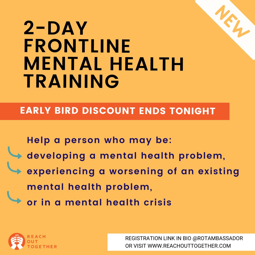 ROTAmbassador's tweet photo. JOIN US - JAN 30TH &amp; 31ST, 2021! 
Our First Mental Health Frontline Training Online

EARLY BIRD TICKETS NOW - regular rates apply Saturday!

Questions/concerns, email info@reachouttogether.com.
Keep reaching out for better mental health 🙌
#reachouttogether #mentalhealth #helping https://t.co/By4cJ77rNj