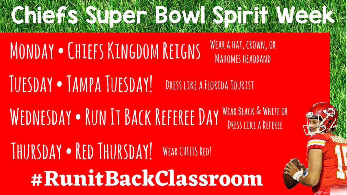Madison Place (@madisonplacek5) on Twitter photo Get ready for a fun CHIEFS Spirit Week next week!
Tweet any of your photos to <a href="/MadisonPlaceK5/">Madison Place</a>. Add #RunItBackClassroom to your tweet for a possible <a href="/Chiefs/">Kansas City Chiefs</a> retweet. #RunItBack #SuperBowl #MaverickStrong Get ready for a fun CHIEFS Spirit Week next week!
Tweet any of your photos to <a href="/MadisonPlaceK5/">Madison Place</a>. Add #RunItBackClassroom to your tweet for a possible <a href="/Chiefs/">Kansas City Chiefs</a> retweet. #RunItBack #SuperBowl #MaverickStrong