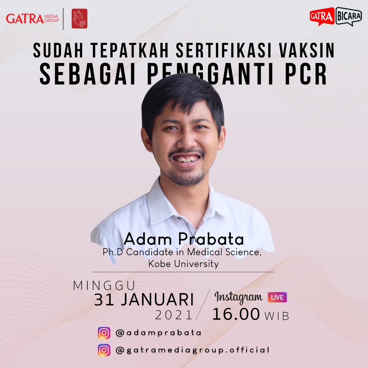 gatrareview's tweet photo. Lalu terbitlah sebuah usulan untuk memberikan sertifikasi vaksin sebagai pengganti PCR test. Apakah tepat? 

Simak selengkapnya bersama dengan Adam Prabata pada Instagram Live Minggu besok! https://t.co/BodGpbr3bK