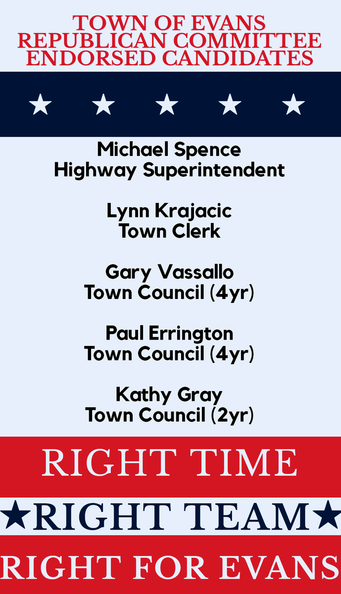 ENygop's tweet photo. The Town of Evans Republican Committee endorsed our Town Candidates this evening. We had an overwhelming response in our search for candidates. We'd like to thank all of the candidates that expressed interest &amp; interviewed. CONGRATULATIONS to our Endorsed Republican Candidates! https://t.co/6S4DmTUomG